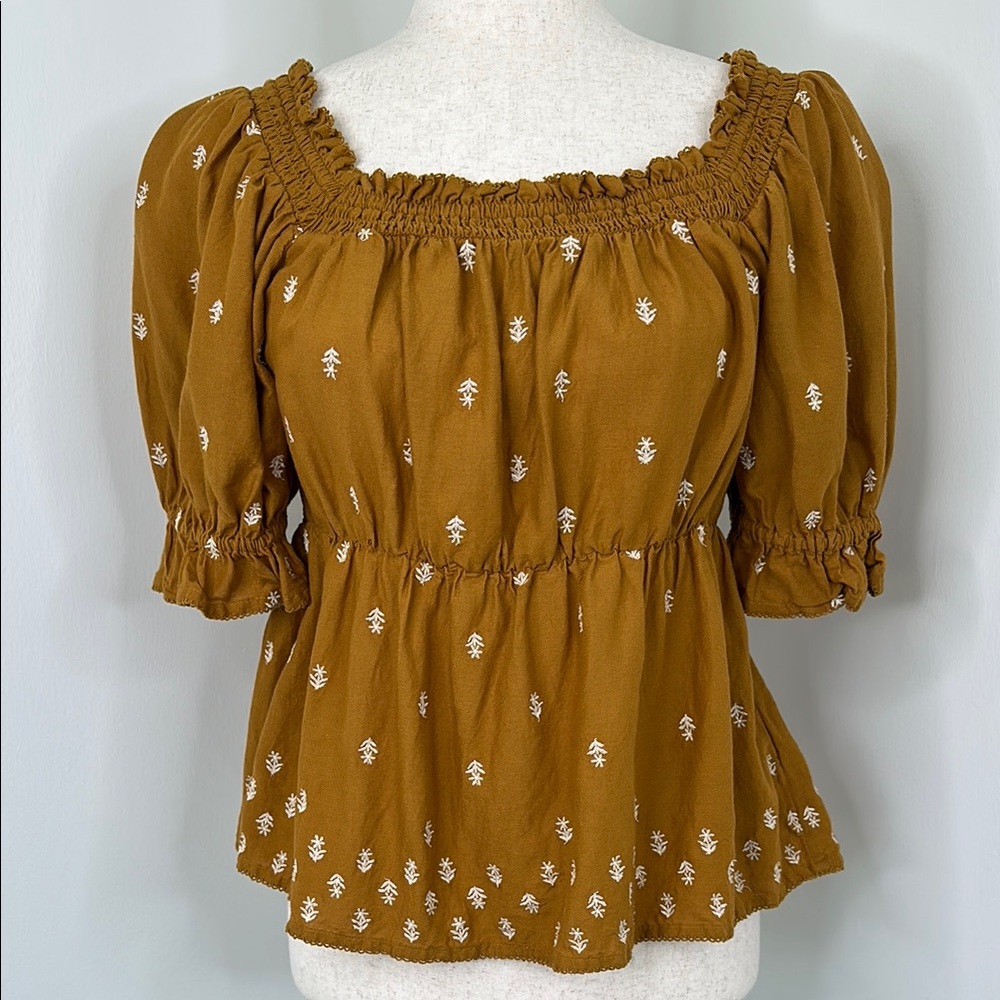 Old Navy Mustard Gold Square Neck Embroidered Puff Sleeve Blouse